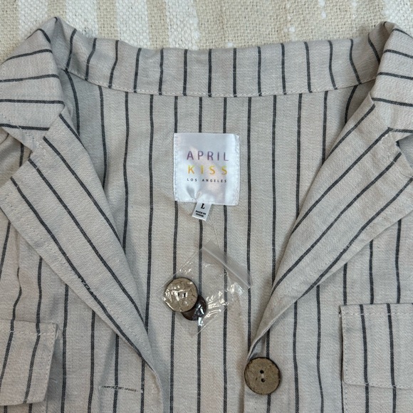 April Kiss linen blend button down striped crop long sleeve shirt - Picture 8 of 12